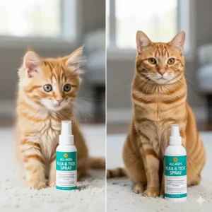 A side-by-side comparison showing a kitten and an adult cat, with a bottle of a safe flea and tick spray designed for all ages.