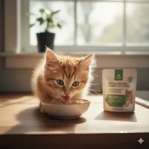An energetic kitten eating a small portion of growth-formulated pate style rabbit cat food.