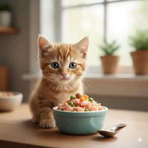 Small, age-appropriate portion of salmon cat food designed for kittens and their development.