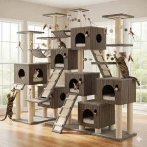 An extra large cat condo with multiple enclosed hideaway boxes and dangling toys for active cats.