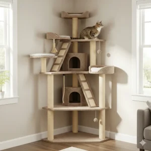 A large cat tower designed to fit perfectly into the corner of a room, saving space while providing a tall climbing structure.
