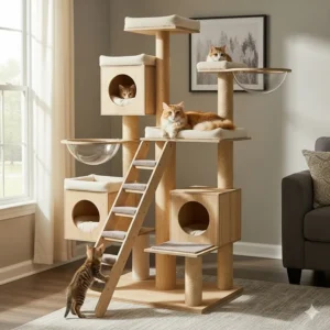A functional large cat tower with built-in stairs, making it easy for kittens and older cats to climb.