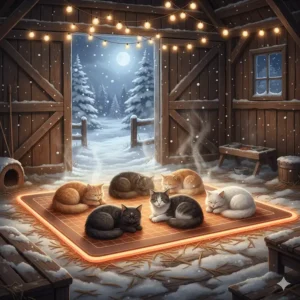 A wide-angle shot of a large heated mat placed in a barn, providing a warm, inviting space for multiple outdoor cats to rest.