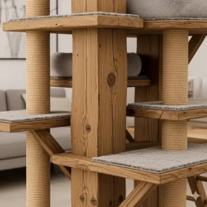 Close-up of a large wood cat tower showing its sturdy, natural material construction and sisal rope scratching posts.