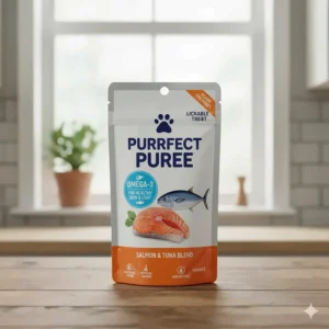 Image showing the packaging of a high-quality lickable cat treat that highlights key nutritional benefits like Omega-3 for skin and coat health.