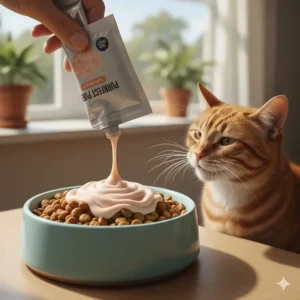 A picture of a creamy lickables for cats treat being used as a savory meal topper, squeezed over a bowl of dry cat food (kibble).