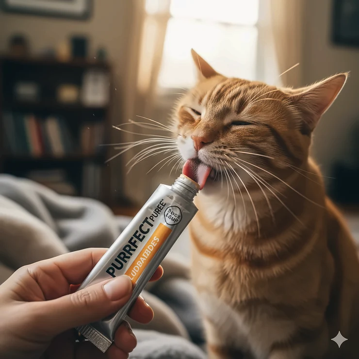 A close-up image of a person hand-feeding a creamy, lickable treat to a happy tabby cat directly from the tube, illustrating the bonding experience with lickables for cats.