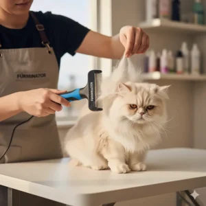 A professional groomer demonstrating how to use a FURminator for cats on a long-haired Persian, showing the tool's effectiveness in preventing mats.