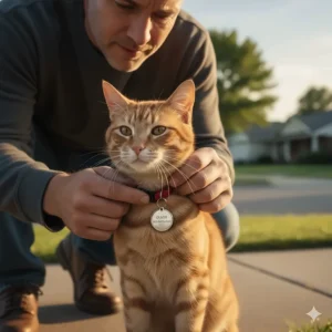 A visual representation of a lost cat being found, with the finder reading the crucial contact information on its cat identity tag.