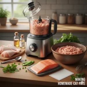 Illustration of kitchen tools used to make homemade cat pate, including a food processor and mixing bowl.