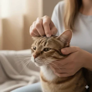 A person massaging the base of a cat's ear after applying the drops to help the medicine penetrate.