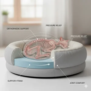 A diagram illustrating how a memory foam cat bed provides orthopedic support for senior cats or those with joint pain.