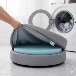 An image demonstrating the removable, machine-washable cover of a memory foam cat bed, emphasizing easy cleaning.