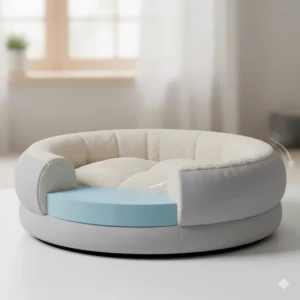 Side view of a round memory foam cat bed showing the thick, supportive foam layer and plush lining.