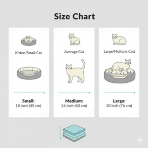 A size chart for a memory foam cat bed, showing different sizes suitable for kittens and larger cats.