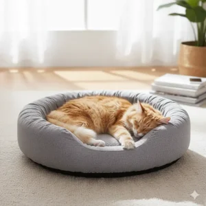 An unboxing photo of a new memory foam cat bed, showing the compressed foam expanding after being removed from its packaging.
