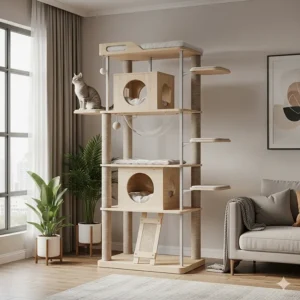 A modern, sleek large cat tower with minimalist design, blending into contemporary home decor.