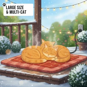 A large, durable outdoor heating pad accommodating multiple cats comfortably, showing a great option for communal shelters.