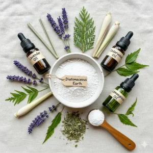 A flat-lay photo displaying the natural ingredients like diatomaceous earth or essential oils used in natural dry flea shampoo for cats.