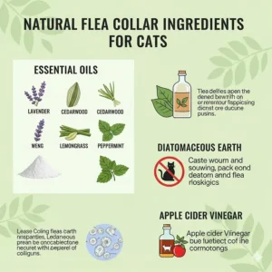 Infographic highlighting common natural ingredients like essential oils used in effective natural flea collars for cats.