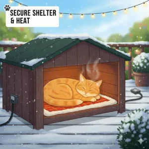 An outdoor cat shelter with a built-in heating pad, providing a warm and secure refuge for stray or feral cats during cold weather.