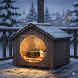 An insulated outdoor cat shelter with a safe, low-voltage heating pad inside, providing a warm refuge for feral cats in winter.