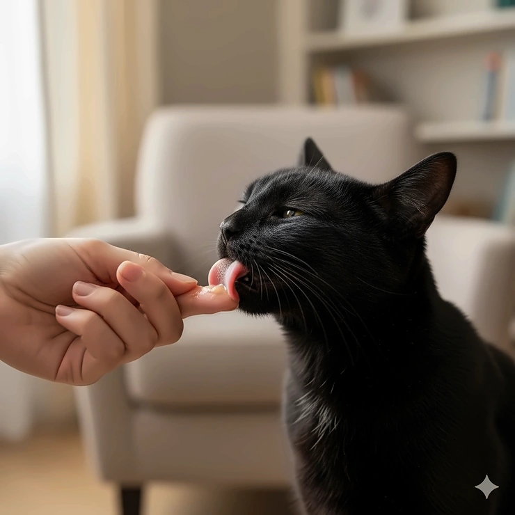 A domestic shorthair cat licking a soft, pureed treat directly from the owner's fingers as a bonding moment.
