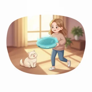 A cat owner is holding a portable, lightweight cooling bed, showing how easy it is to move and store.