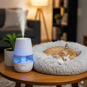 A humidifier placed near a cat's bed, demonstrating a home remedy to help alleviate a cat's dry, irritated nasal passages and watery eyes.