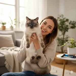A smiling pet owner holding their content cat after a successful grooming session, emphasizing the bond and positive experience of using a FURminator for cats.