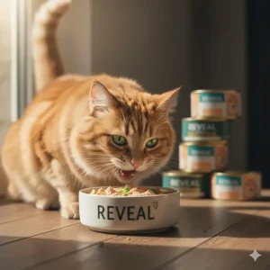 A cartoon cat looking eagerly at a dish of food, representing the palatability noted in many Reveal cat food reviews for picky eaters.