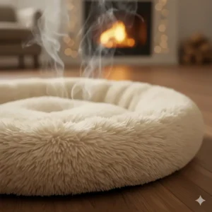 A close-up shot of the soft, plush fabric of a high-quality heated cat bed, showing the comfortable and inviting texture.