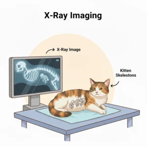 An x-ray image showing the skeletal structures of kittens inside a pregnant cat.