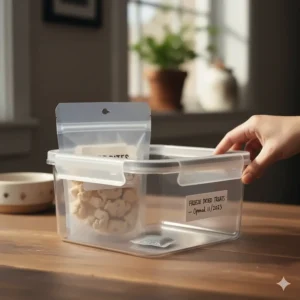 Sealed container storing the bag of cat freeze dried treats to maintain freshness and shelf life.