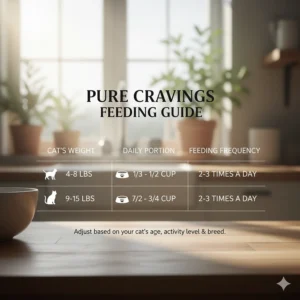 A clear and simple diagram explaining the recommended feeding portions for Pure Cravings cat food based on a cat's age and weight.