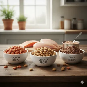 A visual representation of the different flavor varieties of Pure Cravings cat food, such as salmon, chicken, and tuna, each in a unique colored bowl.