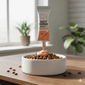 Creamy pureed cat treat being squeezed onto a pile of kibble in a ceramic food bowl as a meal topper.