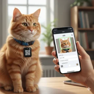 A modern cat tag featuring a scannable QR code that links to the cat's online profile with more comprehensive information, showing a smartphone scanning it.