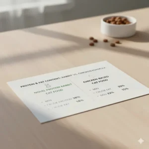 Comparison chart showing the protein and fat content of a rabbit cat food recipe versus a chicken-based formula.
