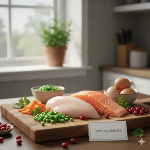 High-quality, fresh raw ingredients like chicken and salmon before being processed into dehydrated cat food.