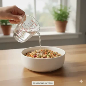 A graphic showing warm water being poured over dehydrated cat food in a bowl to rehydrate and increase moisture content.