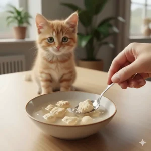 Small bowl showing how to rehydrate freeze dried treats for kittens or older cats.