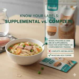 Graphic explaining that some Reveal cat food products are 'supplemental' and not 'complete and balanced' meals, a key topic in Reveal cat food reviews.