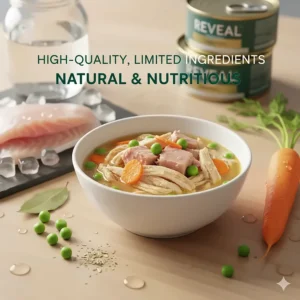 Illustration highlighting the high-quality, limited ingredients often praised in Reveal cat food reviews.