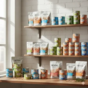 A display of various Reveal cat food packaging types, including cans and pouches, illustrating the product variety discussed in Reveal cat food reviews.