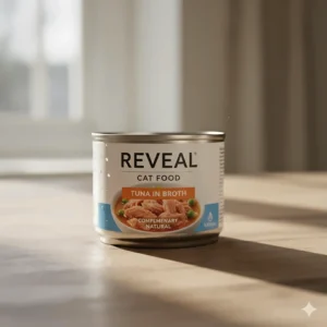 Close-up of a can of Reveal wet cat food (Tuna in Broth flavor), often mentioned in Reveal cat food reviews.