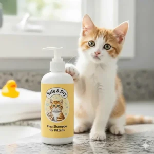 A bottle of safe dry flea shampoo for kittens next to a small, healthy-looking kitten, emphasizing the product's suitability for young cats.