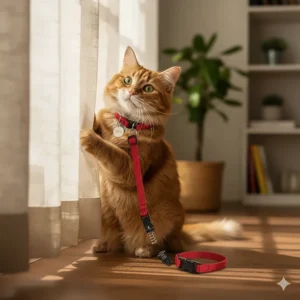 A breakaway cat collar with an attached identity tag, demonstrating the safety feature that allows the collar to release if the cat gets snagged.