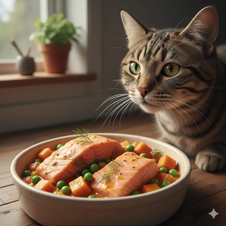 A close-up of a bowl filled with high-quality, whole pieces of salmon cat food for a healthy meal.