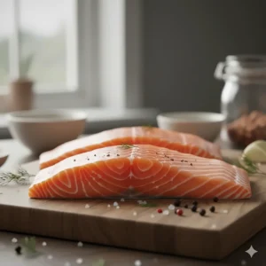 Close-up shot of raw salmon fillets, illustrating the main, natural ingredient in the cat food recipe.